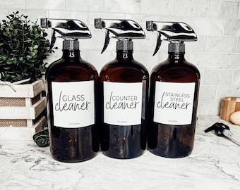 Dispensadores de jabón de vidrio ámbar de 940 ml, botellas reutilizables, rellenables para limpieza, con pulverizador para limpieza del hogar.