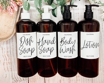 Apothecary Soap bottle Sets, Kitchen Sink Dispenser Bottle Sets, Amber Dish and Hand Soap reusable Bottles With Pumps, Waterproof Labels