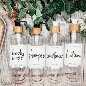 Shower Dispenser Set | Refill Bottle, Clear 16oz Soap Dispenser | Refillable Bathroom Soap Bottles with Pump | Bamboo Option & Other Colors