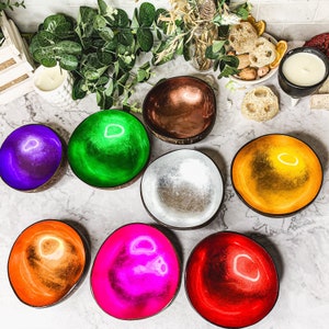 Coconut Bowl, Natural Coconut Shell Bowls with Shimmering Foil Lacquer & Gold Leafed, Decorative Bowls, Colorful Bowl Set for Summer Luau