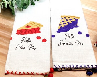 Recipe Dish Towels, Unique Embroidered Kitchen Towels with pie Recipe and Pom Poms on them, Cute Tea Towel Sets, Dish Towels with Pom Pots