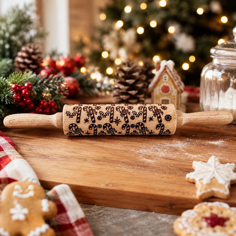 Julbakningspresentset, Julkakor Kavel och kakformsset, Handgjord träpräglad kavel för kakor Barnbakningspresent Candy Canes