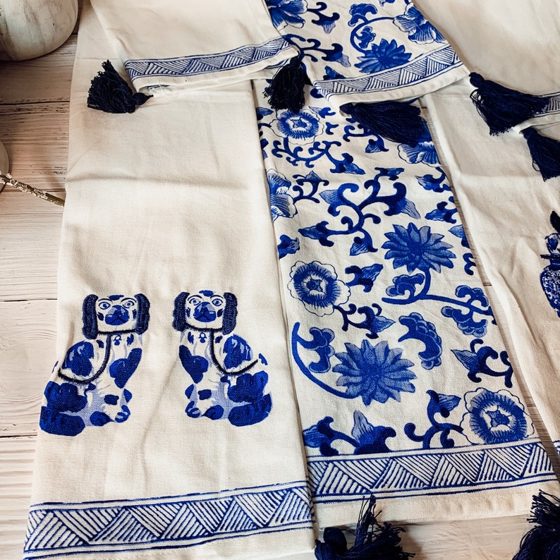 Blue Chinoiserie Dish Towels W Tassels Large Embroidery Dish Etsy