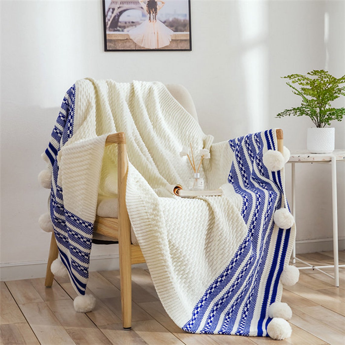 Bamboo Bohemian Blue Throw Blanket Pom Pom Knitted Blanket - Etsy