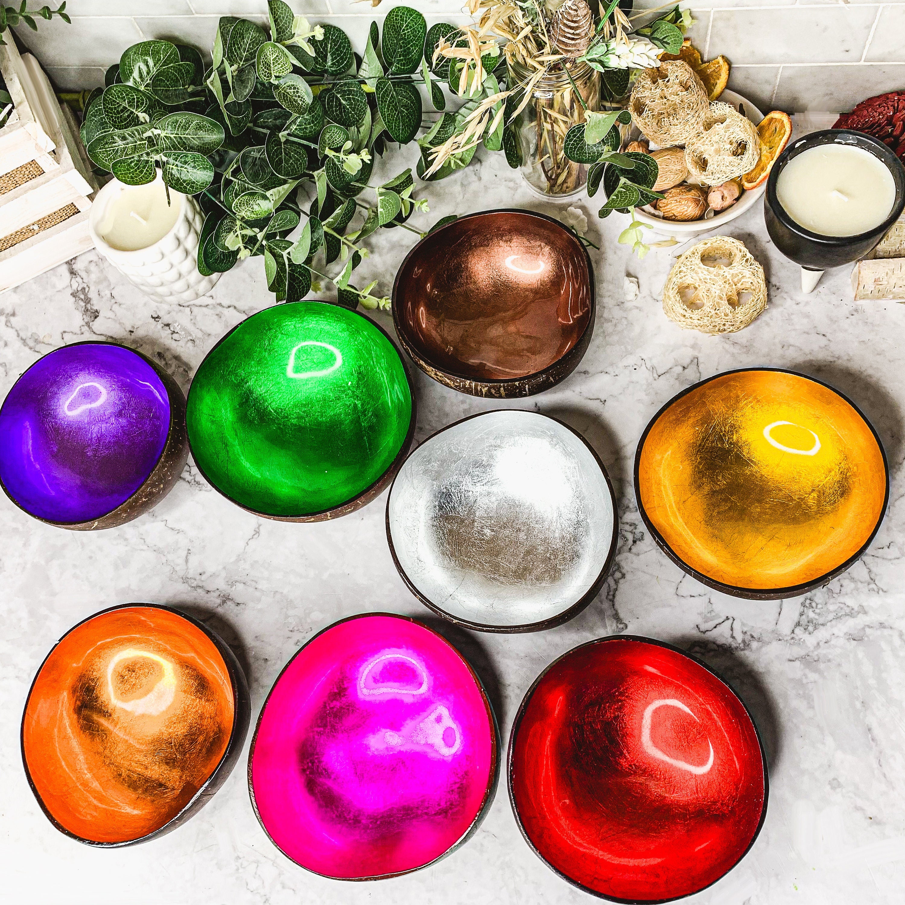 Coconut Bowl Natural Coconut Shell Bowls with Shimmering Foil Lacquer Gold Leafed Decorative Bowls Colorful Bowl Set for