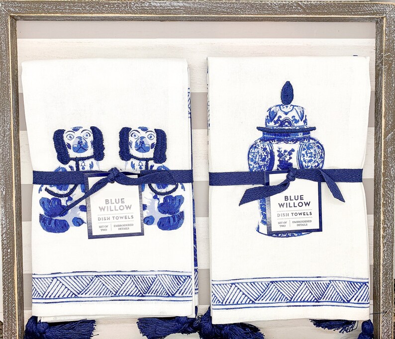 Blue Chinoiserie Dish Towels W Tassels Large Embroidery Dish Etsy