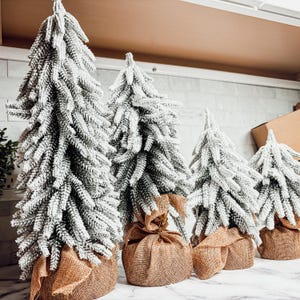 Christmas Tree with Snow, Faux Handmade Pine Trees Snow Covered with Jute & Wood Base, Mini Christmas Tree, Artificial Mantle Xmas Tree Fake