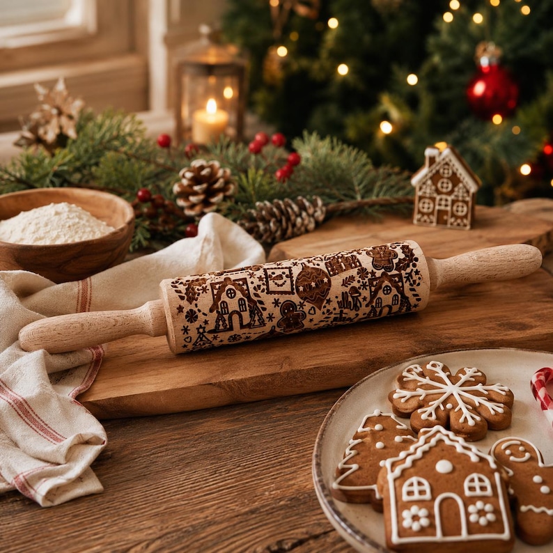 Julbakningspresentset, Julkakor Kavel och kakformsset, Handgjord träpräglad kavel för kakor Barnbakningspresent Gingerbread Variety