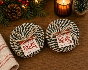 Christmas Coasters, Red Candy Cane Braided Coasters Fabric, Handmade Cotton Coasters with Candy Stripe Pattern for Holiday Party Accents