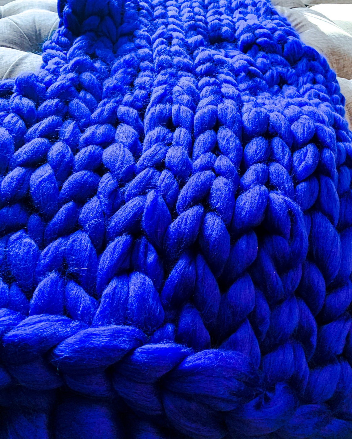 Chunky Knit Blanket Royal Blue Blanket Oversized Handmade Etsy
