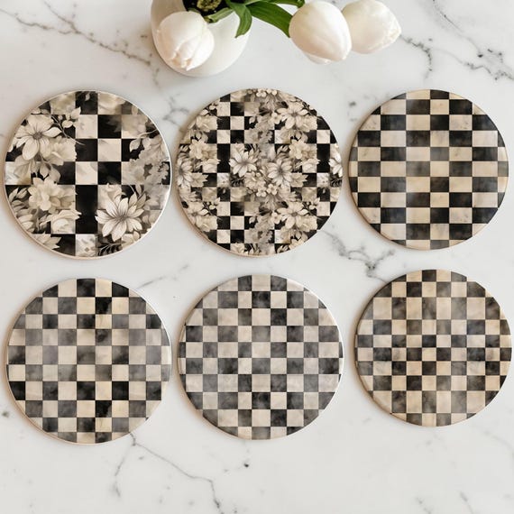 Courtly Check Coasters | Black White Ceramic Set | Black White Check Pattern | Modern Farmhouse Decor | Unique Kitchen Gift Ideas Checkered