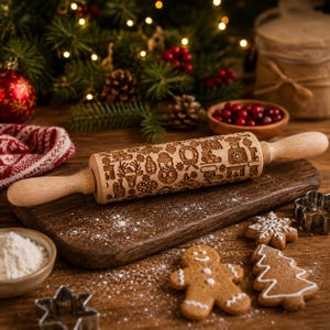 Julbakningspresentset, Julkakor Kavel och kakformsset, Handgjord träpräglad kavel för kakor Barnbakningspresent Snowman Variety