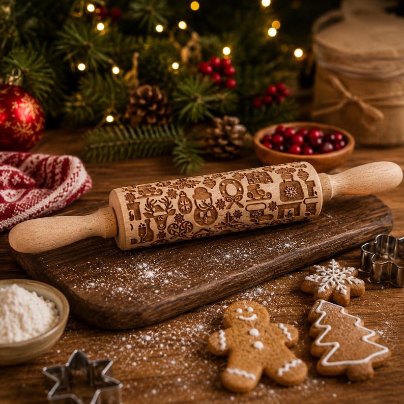 Julbakningspresentset, Julkakor Kavel och kakformsset, Handgjord träpräglad kavel för kakor Barnbakningspresent Snowman Variety