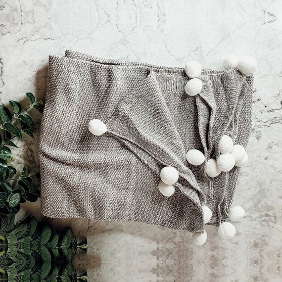 Gray Throw Blanket Cotton Pom Pom Tassel Throws Neutral Throw Blankets Modern Cottage Decorative Throws Sweater Like Blanket Etsy Ireland