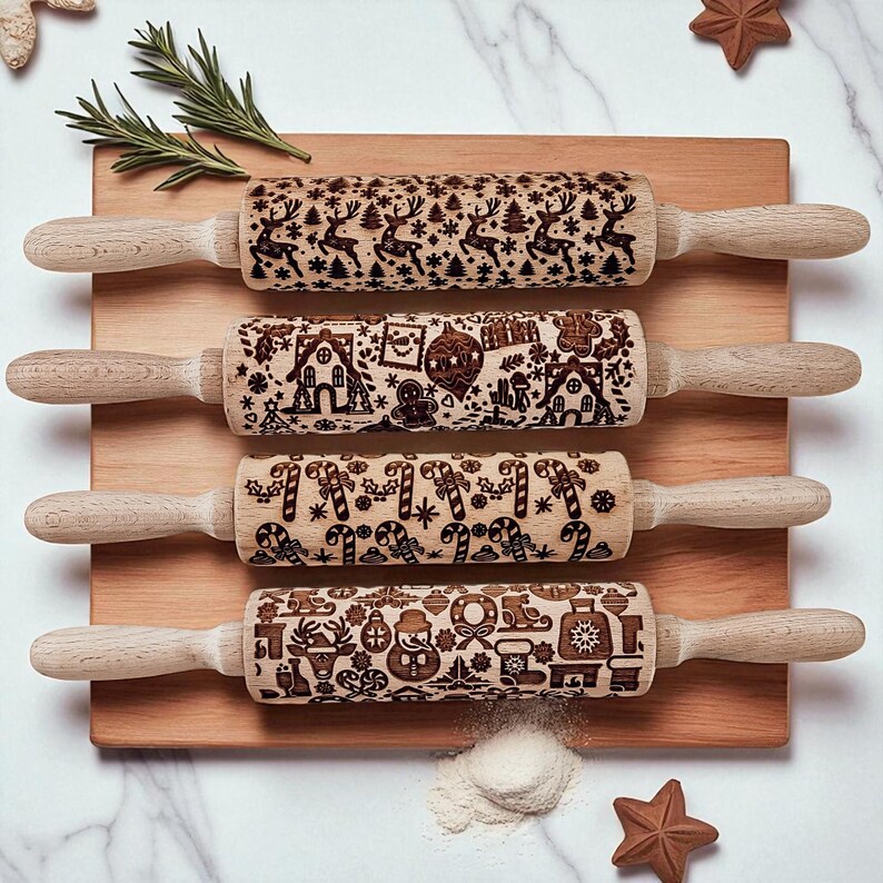 Baking Gift Sets, Embossed Wood Rolling Pins for Christmas Cookies & Baking - Thumbnail 2