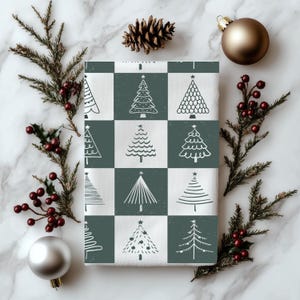 Modern Hand Drawn Christmas Tree Green White Cotton Tea Towel - Minimalist Holiday Kitchen Decor Farmhouse, Christmas Kitchen Dish Towel