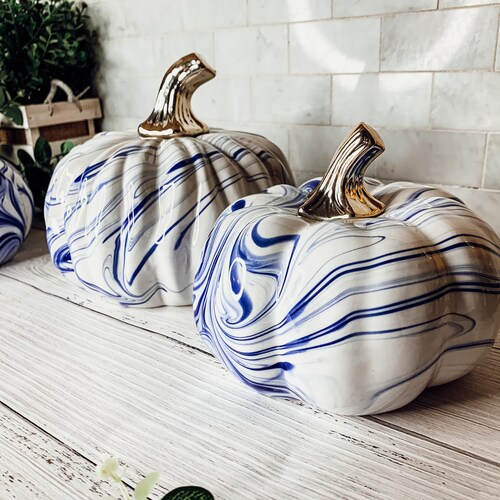 Blue and White Pumpkins, Ceramic Marble Pumpkin Decor, Blue and White Halloween Decor, Modern Halloween Home, LIMITED Quantity, Handmade