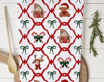 Christmas Kitchen Towel, Traditional Red Green Holiday Pattern Cotton Tea Towel - Santa Reindeer Gingerbread House Candy Cane Kitchen Decor