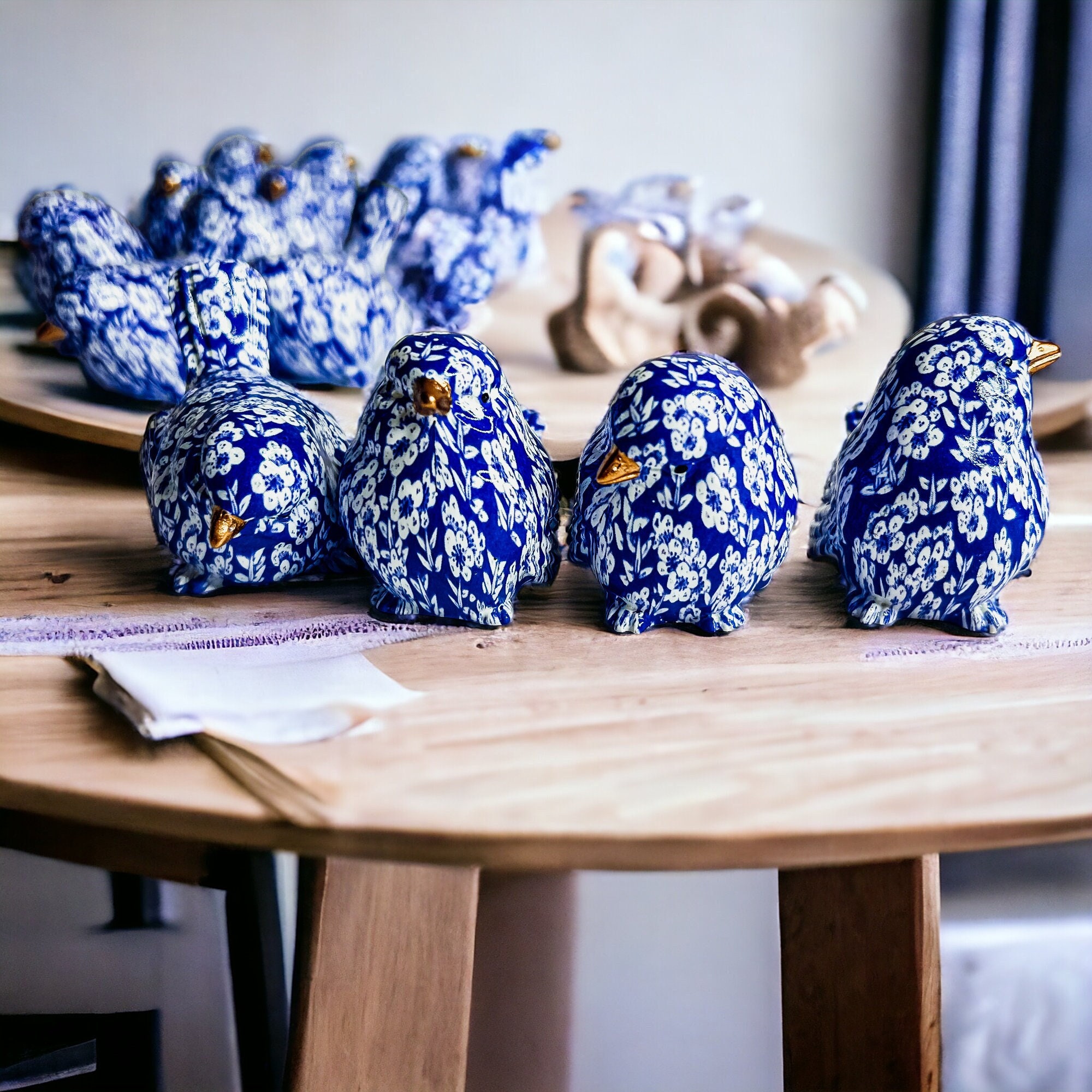 Blue Bird Figurine, Chinoiserie Bird Figurines for Home, Blue