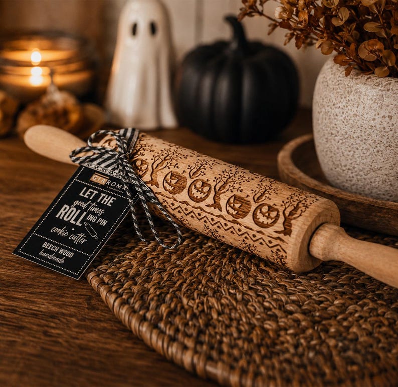 Julbakningspresentset, Julkakor Kavel och kakformsset, Handgjord träpräglad kavel för kakor Barnbakningspresent Pumpkin