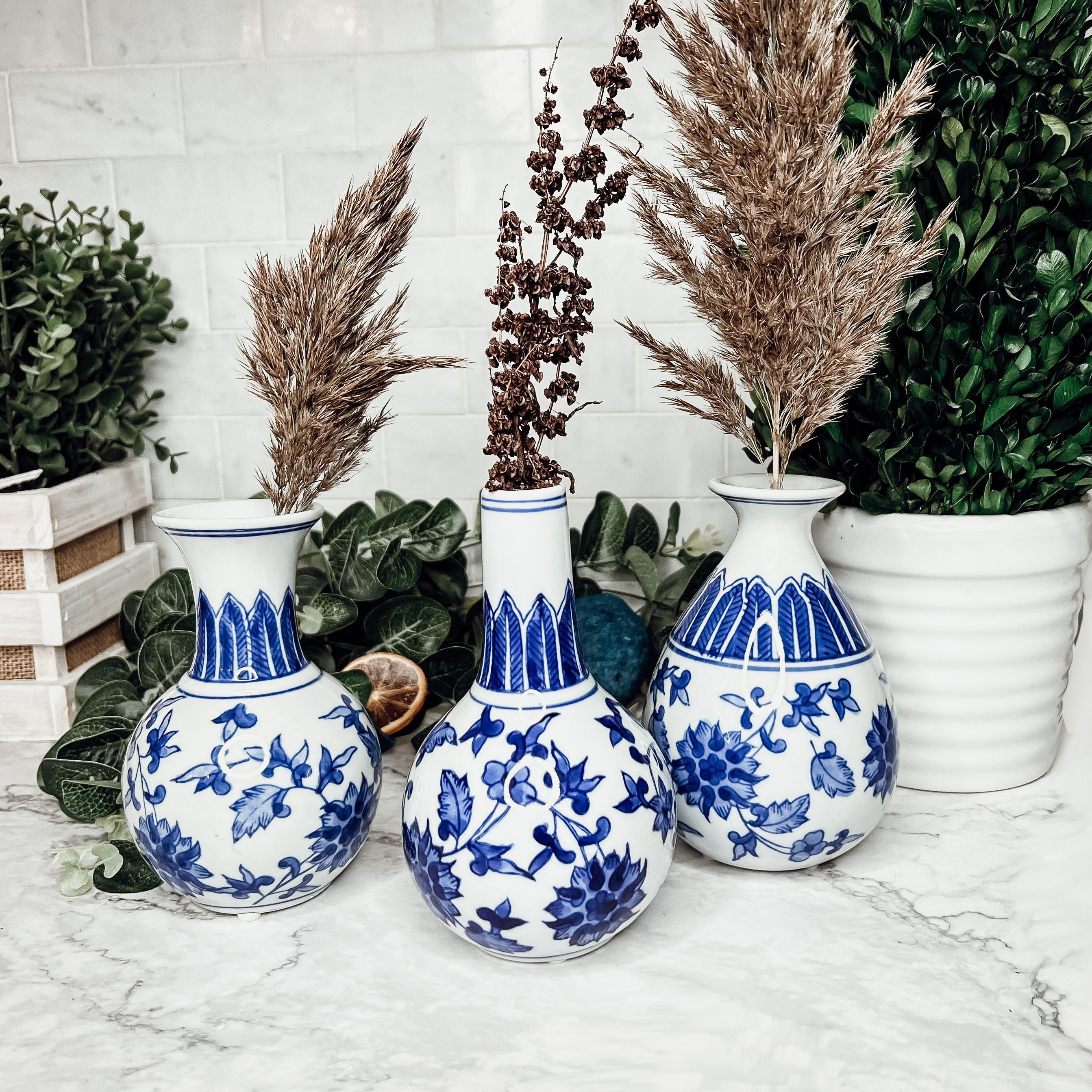 Chinoiserie Vase Set of 3, Hand Painted Blue and White Vases  display picture 1
