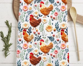 Rooster Kitchen Towel, Chicken Tea Towel, Farmhouse Dish Towel, Country Rooster Kitchen Decor & Gifts, Unique Floral Rooster Cotton Towel