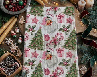 Pink Santa Christmas Kitchen Towel, Vintage Santa + Pink Candy Canes Christmas Tree Dish Towel, Coquette Holiday Kitchen Decor & Gifts Cute