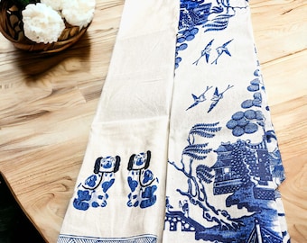 Blue Chinoiserie Dish Towels W Tassels, Large Embroidery Dish Towels - Floral & Staffordshire Dog Embroidery Towel Sets, Absorbent, Cotton