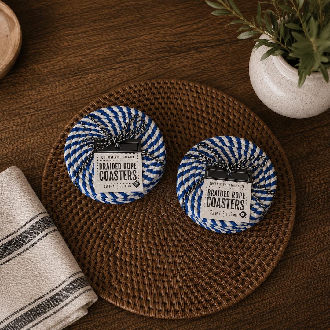 Braided Rope Coasters, Cotton Coaster Set Blue, Black or Red | Cotton ...