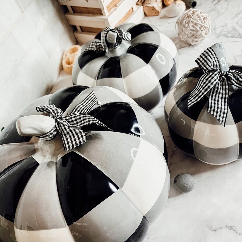 Buffalo Check Hand Painted Pumpkins, 3 Sizes, Black and White Pumpkin Decor, Ceramic Pumpkins, BW Plaid Pumpkin Decor, Handmade Pumpkins image 9
