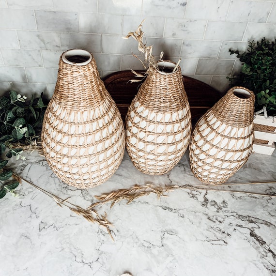 Set di vasi in alghe marine, vasi di bambù intrecciati, accenti decorativi  per la casa Boho, set di vasi neutri, decorazioni per cestini in alghe  marine con bambù, cottage chic 