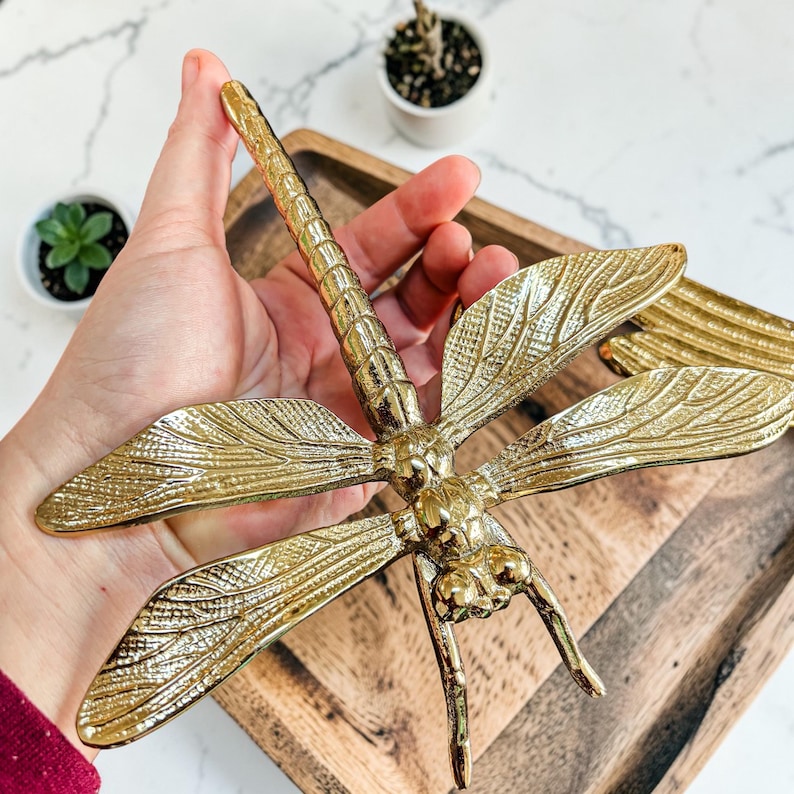 May include: A detailed, golden dragonfly sculpture with outstretched wings. The metal insect has intricate wing patterns and is held in a hand. The dragonfly is a decorative item, possibly for home decor or as a unique accent piece.