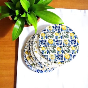 Amalfi Coast Coasters | Blue Floral Lemon Pattern |  Blue White Tile Design | Kitchen Gift | Designer Ceramic Coasters & Barware | Coastal
