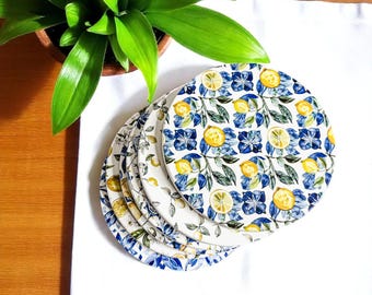 Amalfi Coast Coasters | Blue Floral Lemon Pattern |  Blue White Tile Design | Kitchen Gift | Designer Ceramic Coasters & Barware | Coastal