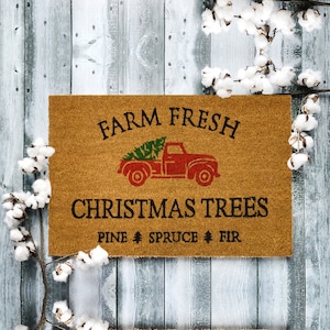 Christmas Welcome Mats For Outside, Holiday Doormats, Farm Fresh Christmas Trees Front Porch Holiday Decor, Vintage Christmas Doormats
