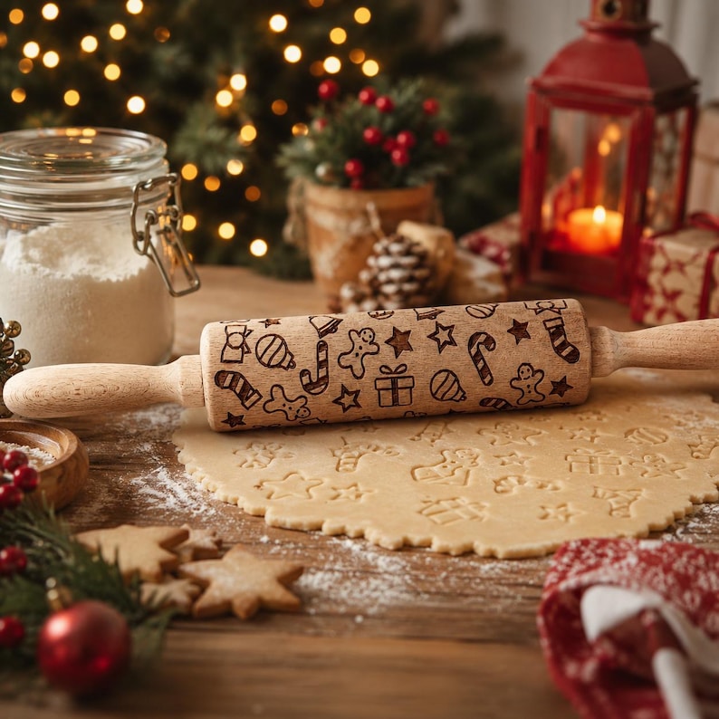 Julbakningspresentset, Julkakor Kavel och kakformsset, Handgjord träpräglad kavel för kakor Barnbakningspresent Christmas Variety