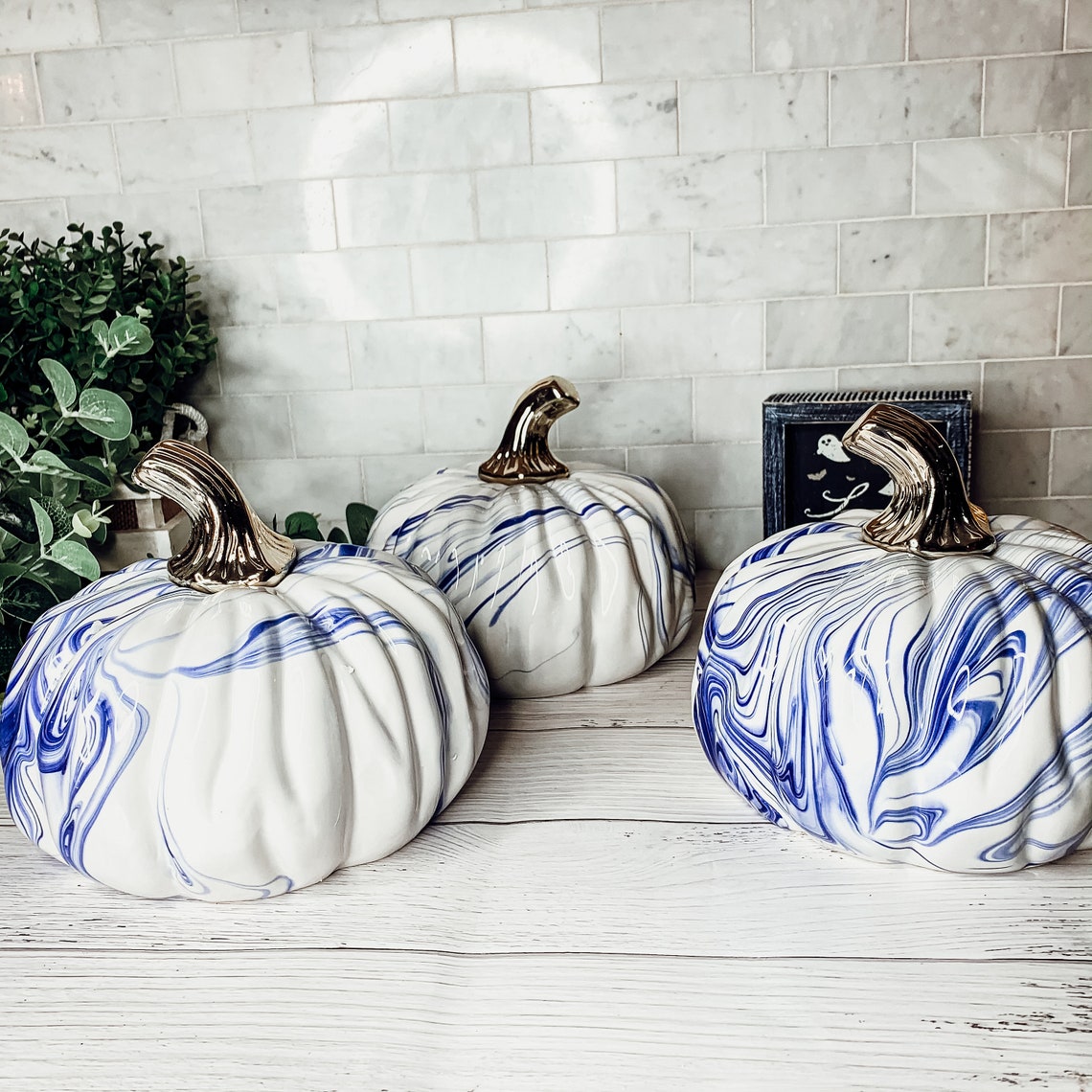 Blue and White Pumpkins Ceramic Marble Pumpkin Decor Blue - Etsy