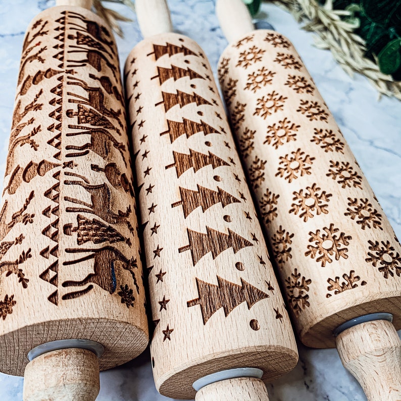 Baking Gift Sets, Embossed Wood Rolling Pins for Christmas Cookies & Baking - Thumbnail 5