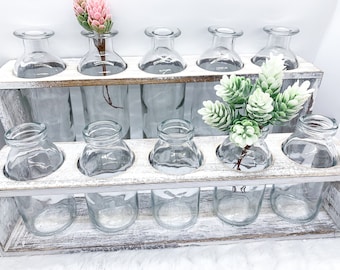 Rustikales Vasen-Set, Handgefertigtes Vasen-Set aus Holzglas, Vintage Vasen, vom Bauernhof inspirierte Vasen, mundgeblasene Glasröhren, Blumenvasen, Fenstervasen