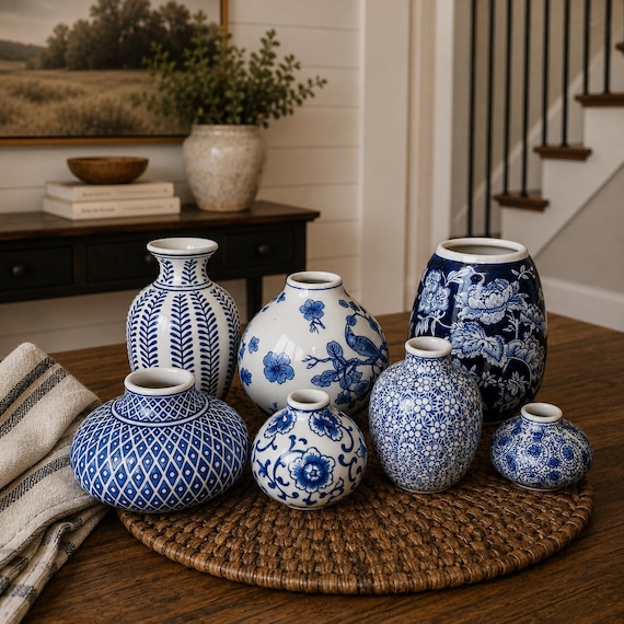 Blue and White Vase Set, Chinoiserie Vases, Blue Vase Decor, Blue and White Vase Delft, Bud Vases, Blue Willow Vases for Flowers, Porcelain