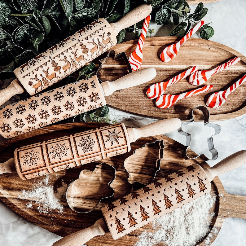 Julbakningspresentset, Julkakor Kavel och kakformsset, Handgjord träpräglad kavel för kakor Barnbakningspresent Christmas Trees