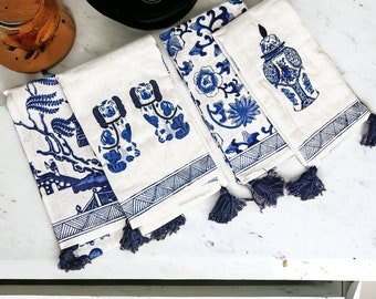 Blue Dish Cloth, Blue Dish Towel Set Cotton, Blue Chinoiserie Tea Towels embroidered, Large Tea Towel Sets, Chinoiserie Print Dishtowels XL