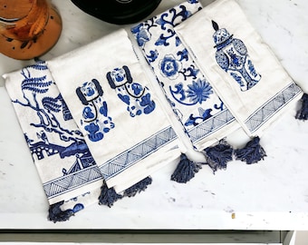 Blue Dish Cloth, Blue Dish Towel Set Cotton, Blue Chinoiserie Tea Towels embroidered, Large Tea Towel Sets, Chinoiserie Print Dishtowels XL