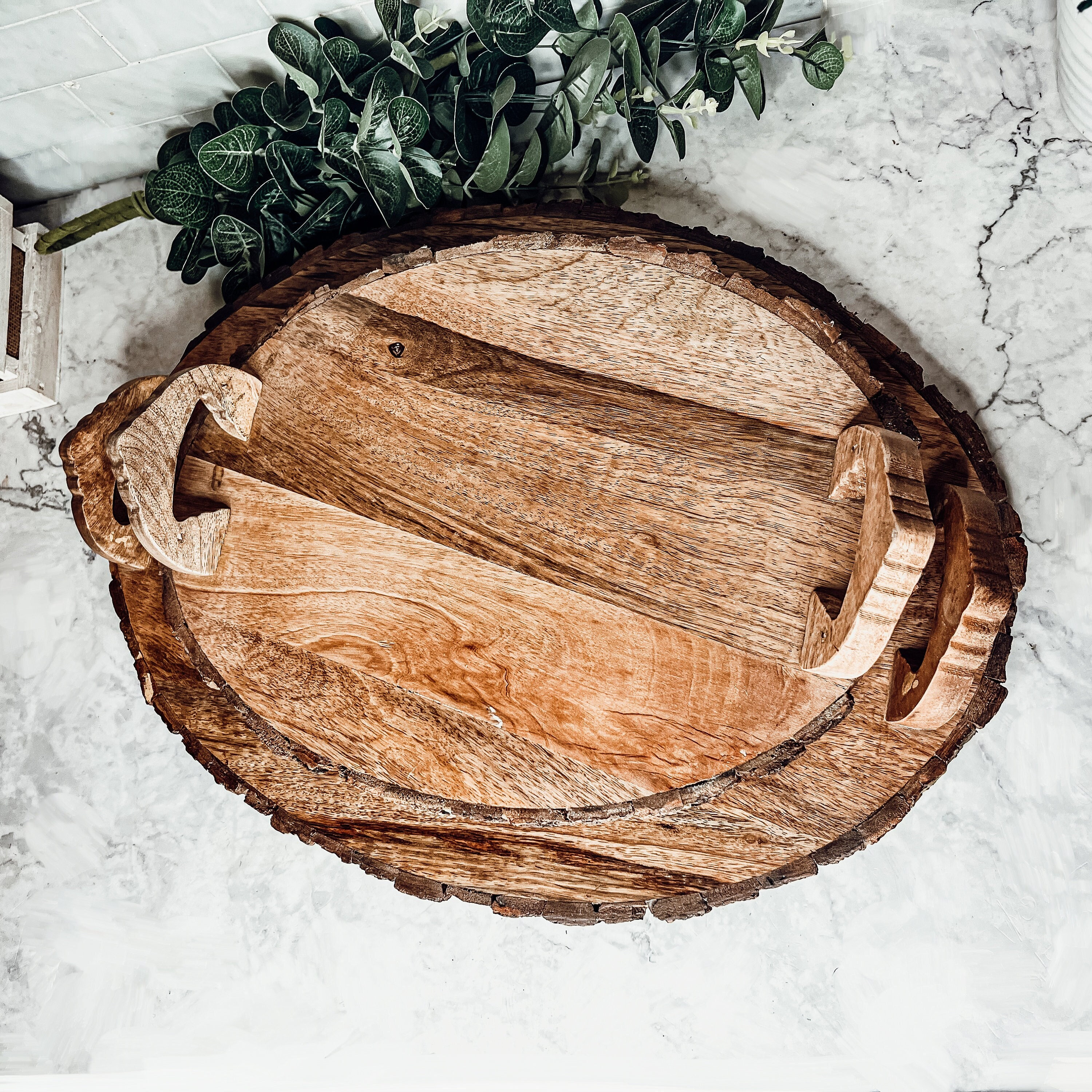 Natural Wood Serving Tray, Natural Bark Edge Trays With Handles
