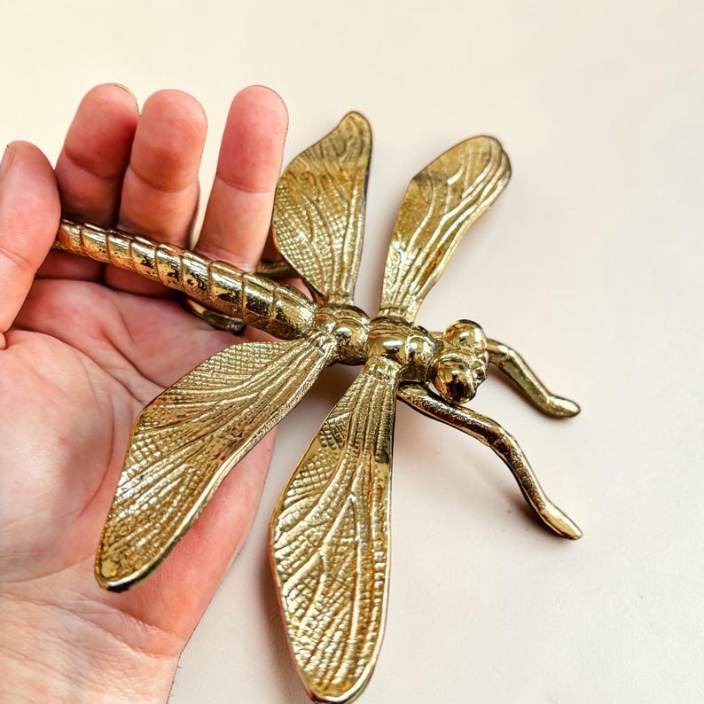 May include: A gold-colored dragonfly sculpture with detailed wing and body textures. The sculpture has a long, segmented body and four large, intricately designed wings. The dragonfly's head features prominent eyes and curved antennae. The sculpture is held in a hand.