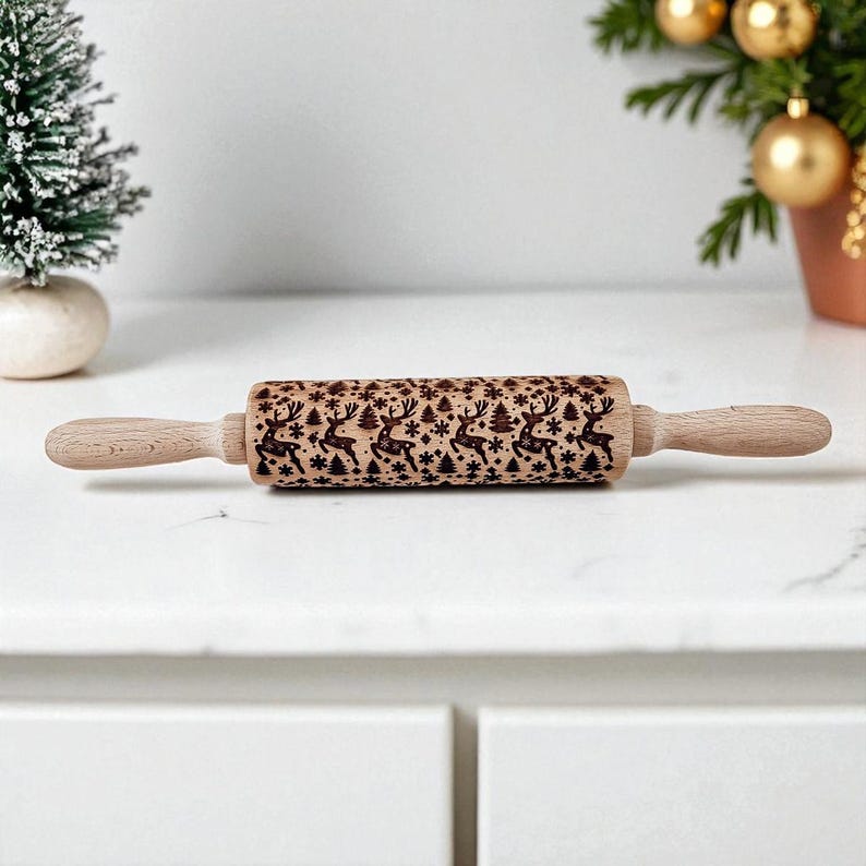 Baking Gift Sets, Embossed Wood Rolling Pins for Christmas Cookies & Baking - Thumbnail 4