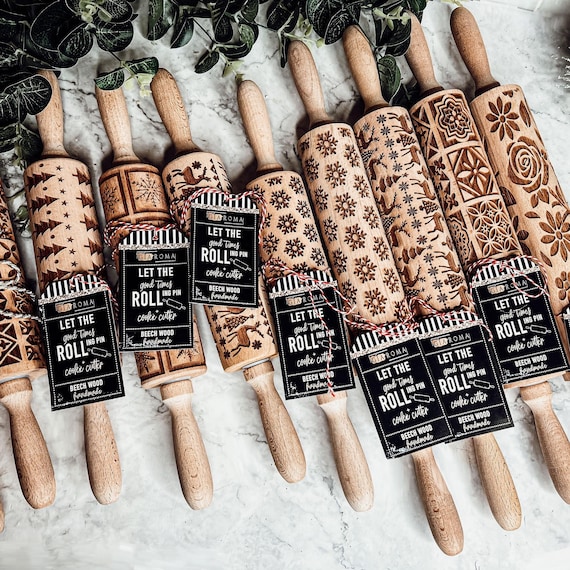 Christmas Baking Gift Set, Christmas Cookies Rolling Pin & Cookie Cutter Set, Handmade Wood Embossed Rolling Pin for Cookies Kid Baking Gift