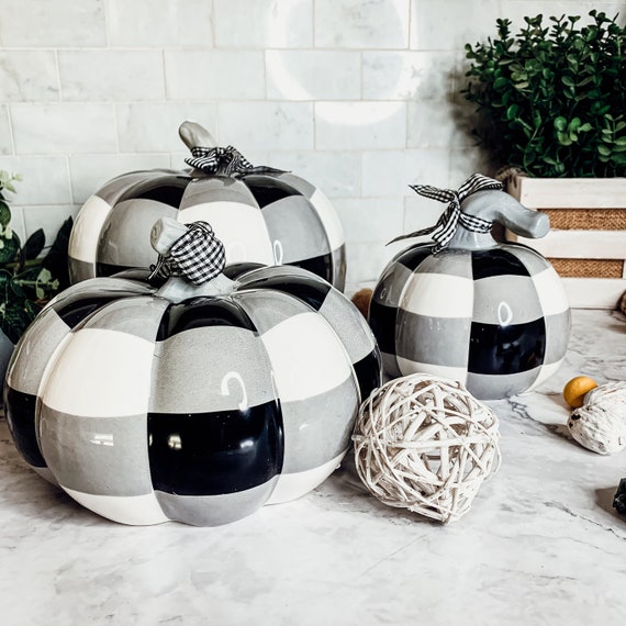 Buffalo Check Hand Painted Pumpkins, 3 Sizes, Black and White Pumpkin Decor, Ceramic Pumpkins, BW Plaid Pumpkin Decor, Handmade Pumpkins