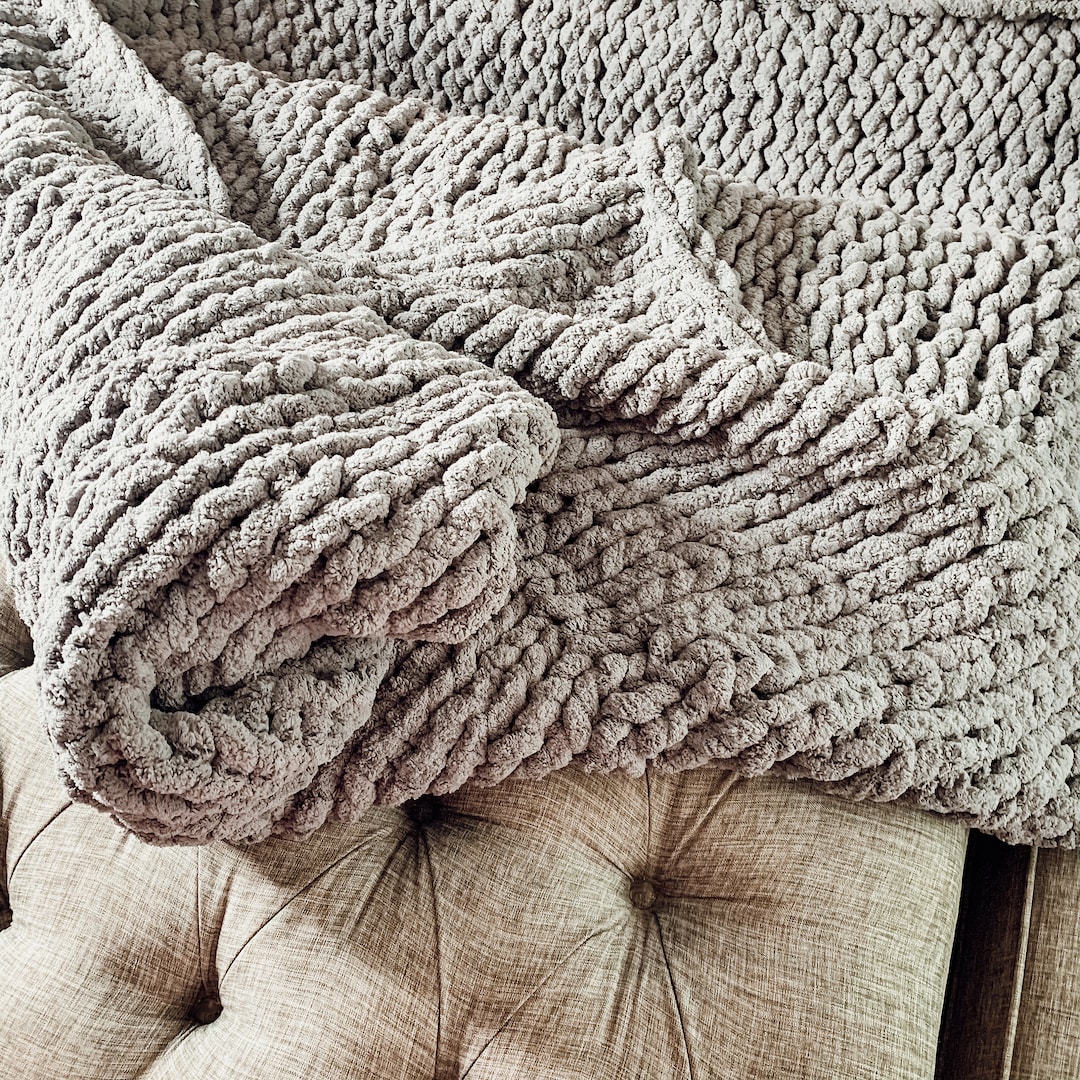 Chenille Chunky Blanket, Handmade Chunky Knit Blanket Gray, King