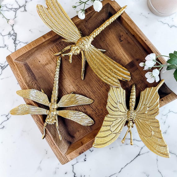 Nature Lovers & Gardener Gift Ideas | Summer Golden Shelf Styling | Dragonflies and Blutterfly Home Decorations | Metal Dragonfly Tabletop